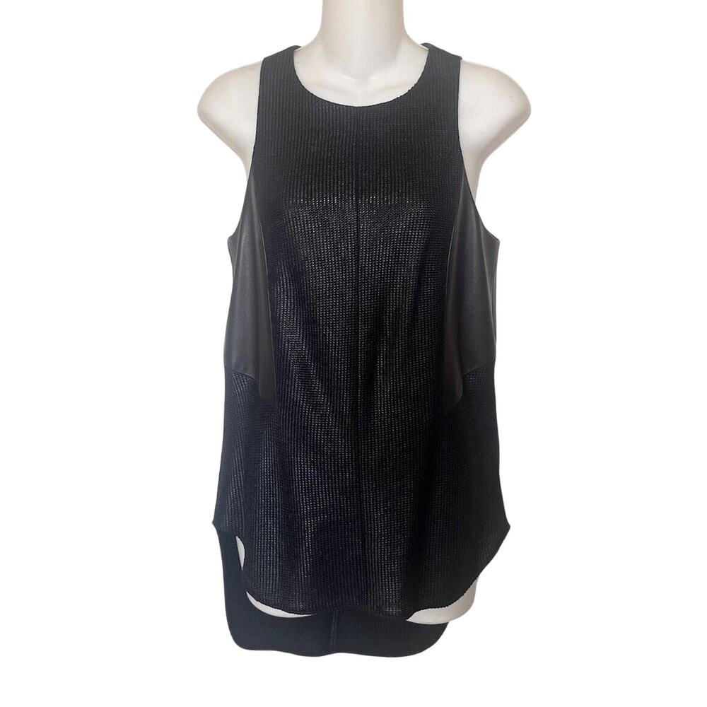 Rag & Bone Black Lamb Leather Trim Scoop Neck Sleeveless Tank Tunic Top Sz Small